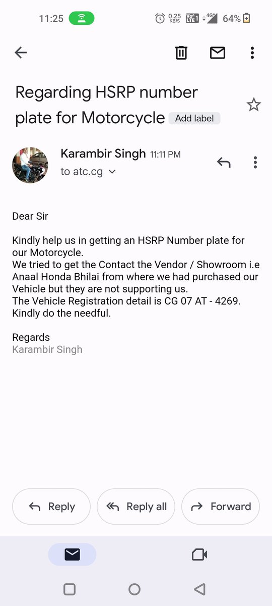 veer94315's tweet photo. @nitin_gadkari Sir
Kindly help us in getting an HSRP Number plate for our Motorcycle
We tried to get the Contact the Vendor Showroom i.e Anaal Honda Bhilai from where we had purchased our Vehicle but they are not supporting us
The Vehicle Registration detail is CG 07 AT - 4269 https://t.co/fh24YPat19