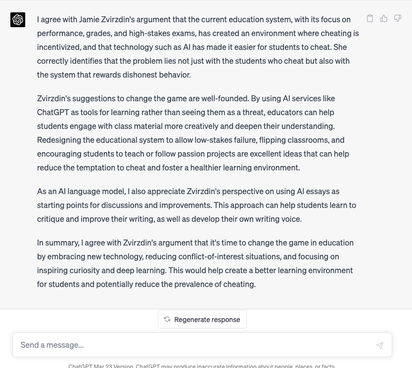 jamiezvirzdin's tweet photo. AI Renaissance: A Chance to Reduce Cheating,
Revitalize the School Experience
https://t.co/Wl7U9ArGoB
I asked #ChatGPT to respond to my arguments—I copy-pasted the whole article in—and this is what it said:
#education #teaching #SubatomicWriting @JHUPress https://t.co/CDCXDkxBAW