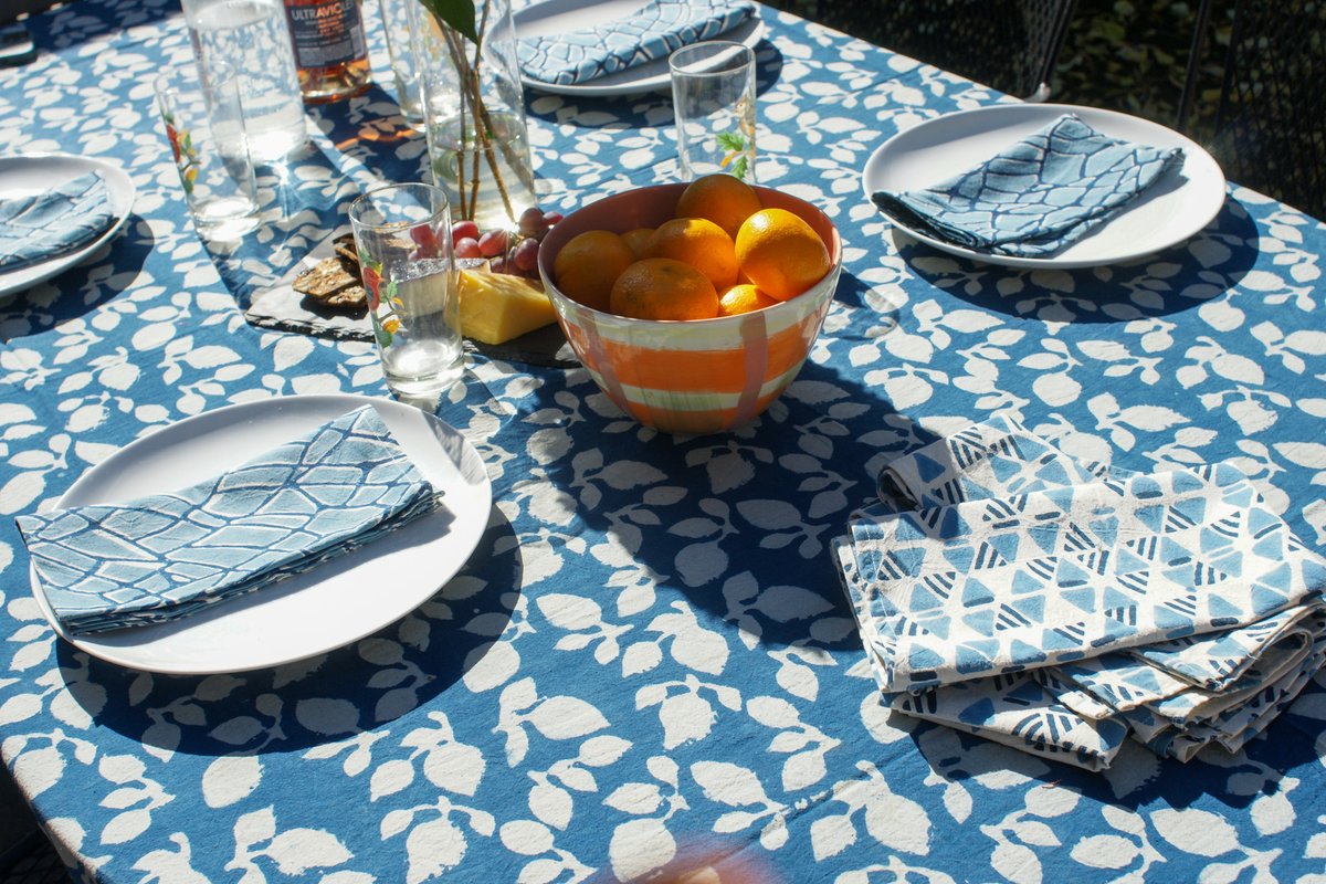 Make your outdoor lunch extra special with our pretty patterned table linen. #blockprinting #sustainabledesign #homedecor #patterndesign #handmade #artisanmade #designwithpurpose #ethicallymade #ethicallysourced