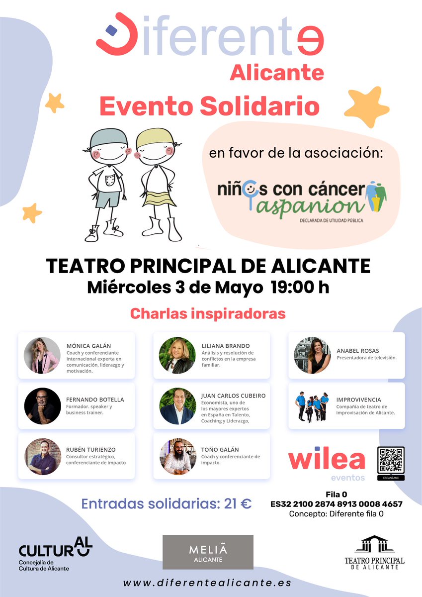 El próximo miércoles 3. #AlicanteDiferente. Evento solidario a favor de @aspanion, la asociación de niños con cáncer. @monicagalan <a href="/lilianabrando/">liliana brando</a> <a href="/fb_think/">fernando botella</a>  <a href="/anabelrosas5/">anabel rosas</a> <a href="/rubenturienzo/">Rubén Turienzo</a> @tonogalan @improvivencia y un servidor con sendas charlas inspiradoras. Por una gran labor.