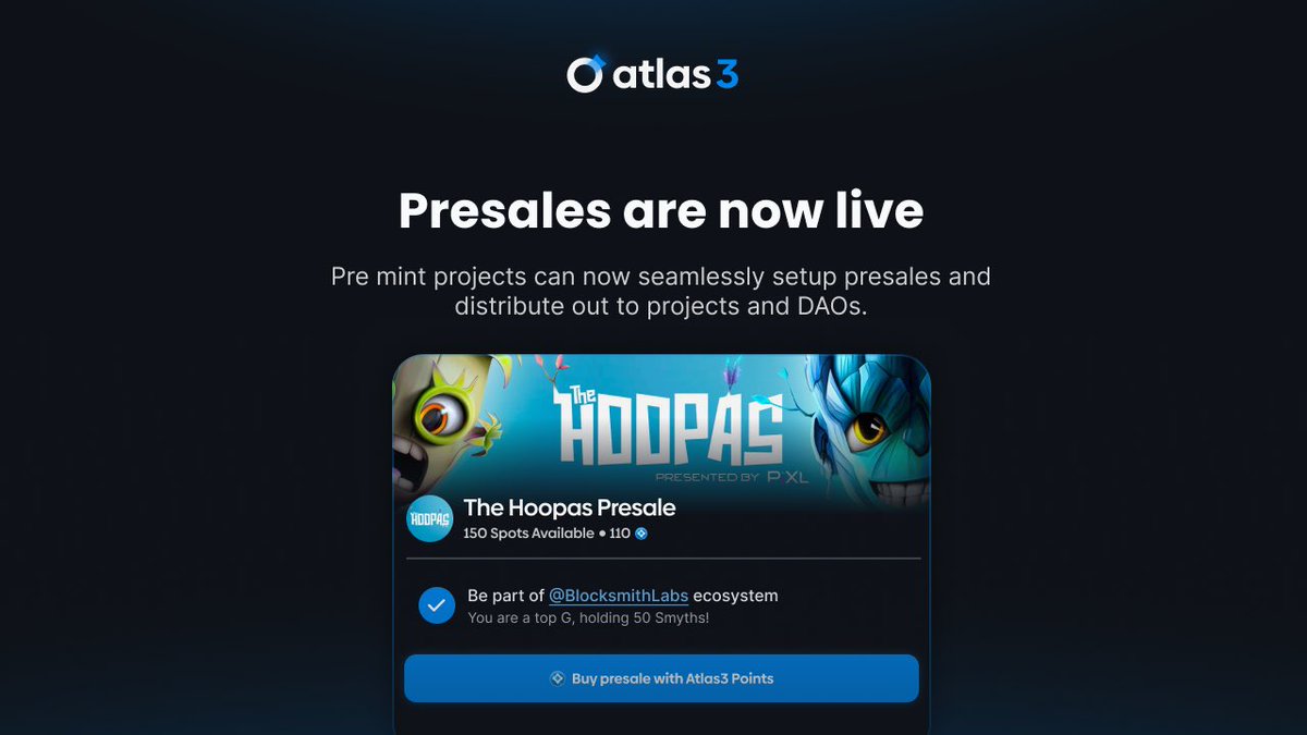 BlocksmithLabs's tweet photo. Presales are now live on Atlas3.

Happy to announce that our first official presale partnership with @TheHoopasNFT will go live tomorrow. https://t.co/kH0Cb105eA