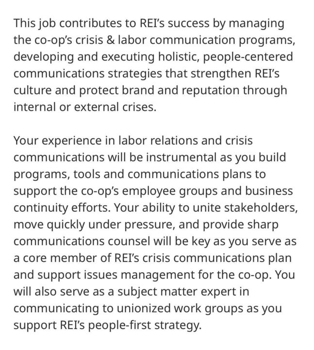 MorePerfectUS's tweet photo. REI is hiring a “Crisis Communications Manager” to respond to worker unionization efforts.

And it’s quite the job listing. https://t.co/N1EyGwoLQv