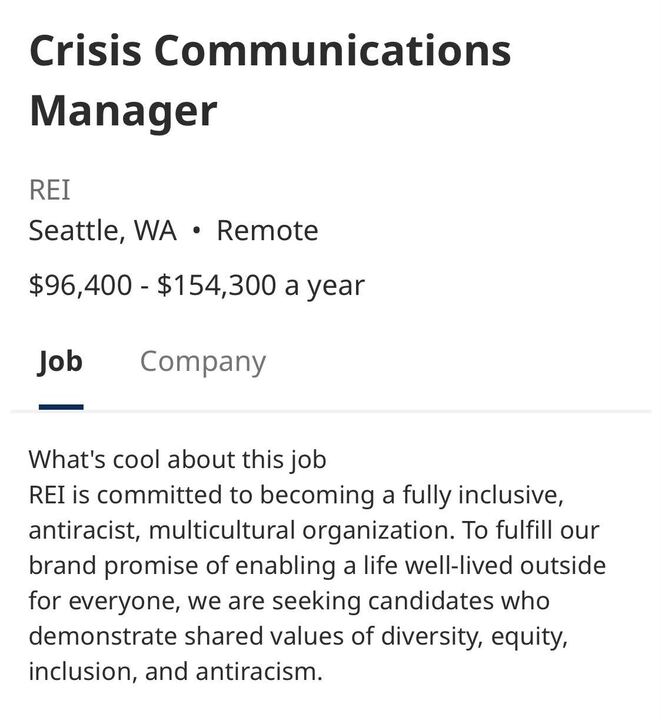 MorePerfectUS's tweet photo. REI is hiring a “Crisis Communications Manager” to respond to worker unionization efforts.

And it’s quite the job listing. https://t.co/N1EyGwoLQv
