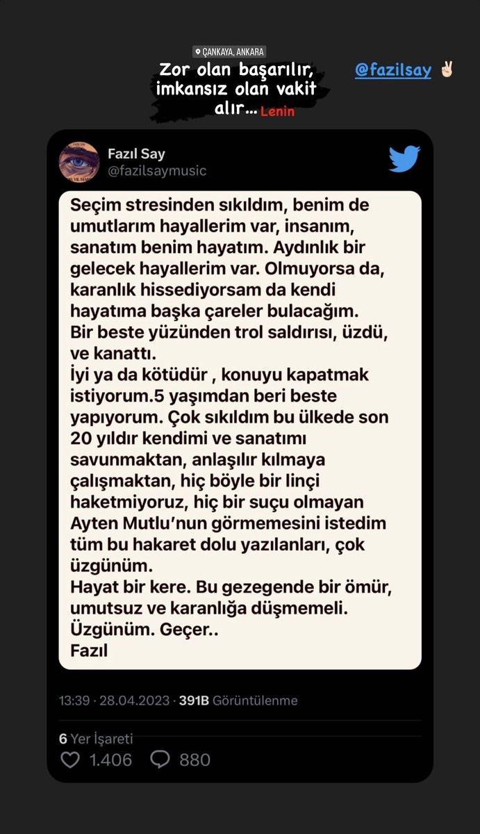 Zor olan başarılır, imkansız olan vakit alır…    Lenin

    💙  <a href="/fazilsaymusic/">Fazıl Say</a> <a href="/fsayofficial/">Fazıl Say Official</a>