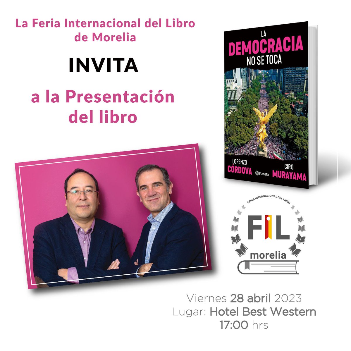 FILMorelia's tweet photo. Por llegar la hora, por acercarse los minutos de la presentación del libro "LA DEMOCRACIA NO SE TOCA" de @CiroMurayamaMx y @lorenzocordovav . Estamos afinando los últimos detalles. Te esperamos. Somos FIL Morelia 📕📒 https://t.co/YF5a1kKaeR
