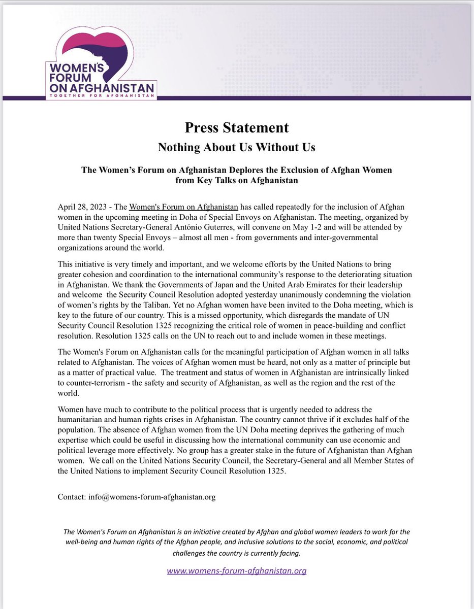4afghanwomen's tweet image. #NothingAboutUsWithoutUs .
Women’s Forum Press statement  on the upcoming Doha meeting .
@UNAMAnews @UAEMissionToUN @JapanMissionUN @tomas_niklasson @US4AfghanPeace @OIC_OCI