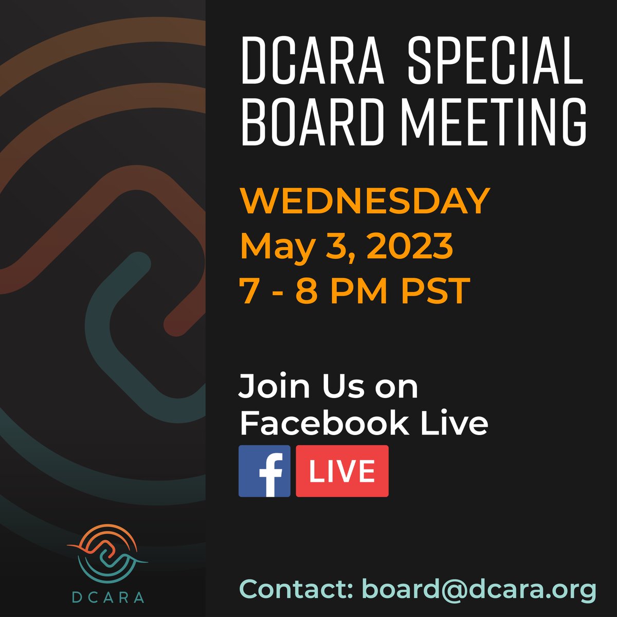 [COMMUNITY ANNOUNCEMENT]

Join us on Facebook Live for a live-streamed DCARA Special Board meeting on Wednesday, May 3, 2023 from 7 - 8pm PST.

To view the agenda, visit dcara.org/about-us/board/

#DCARABoard # DeafCommunity #DCARA1962