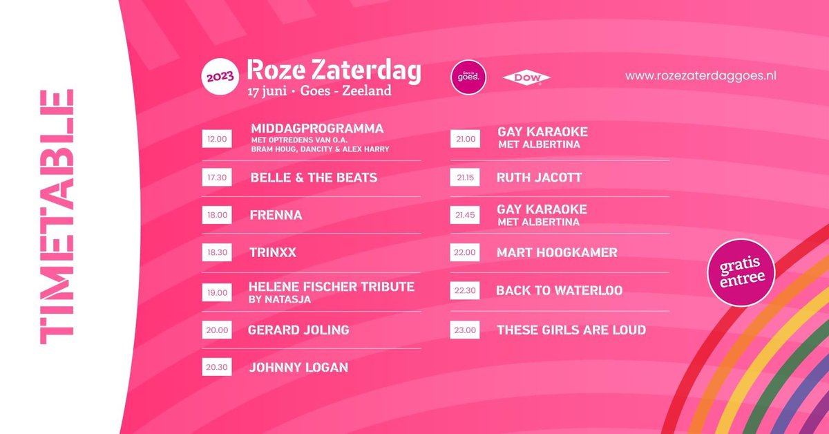 TimeTable #RozeZaterdag 17 juni 2023 #gratisentree