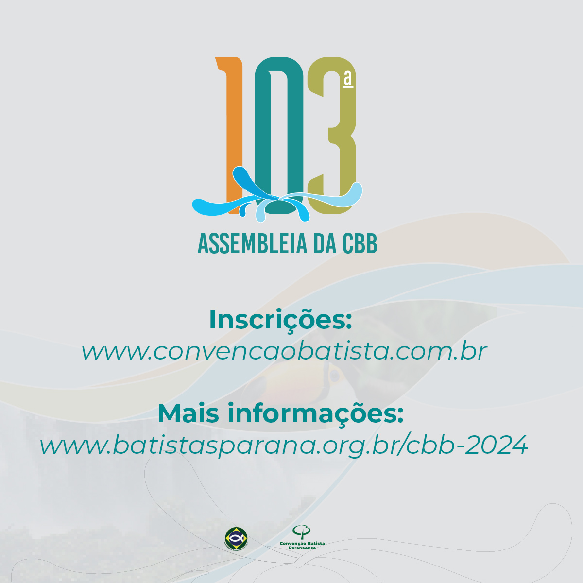 batistasdacbb's tweet photo. No dia 01 de maio, iniciaremos as inscrições da 103ª Assembleia da CBB. O maior encontro anual dos Batistas brasileiros será realizado de 25 a 28 de janeiro de 2024, em Foz do Iguaçu.
As inscrições serão realizadas no site https://t.co/FiZNbWlE35
#CBB #CBP #103Assembleia #CBB24 https://t.co/FiNxQiGma7