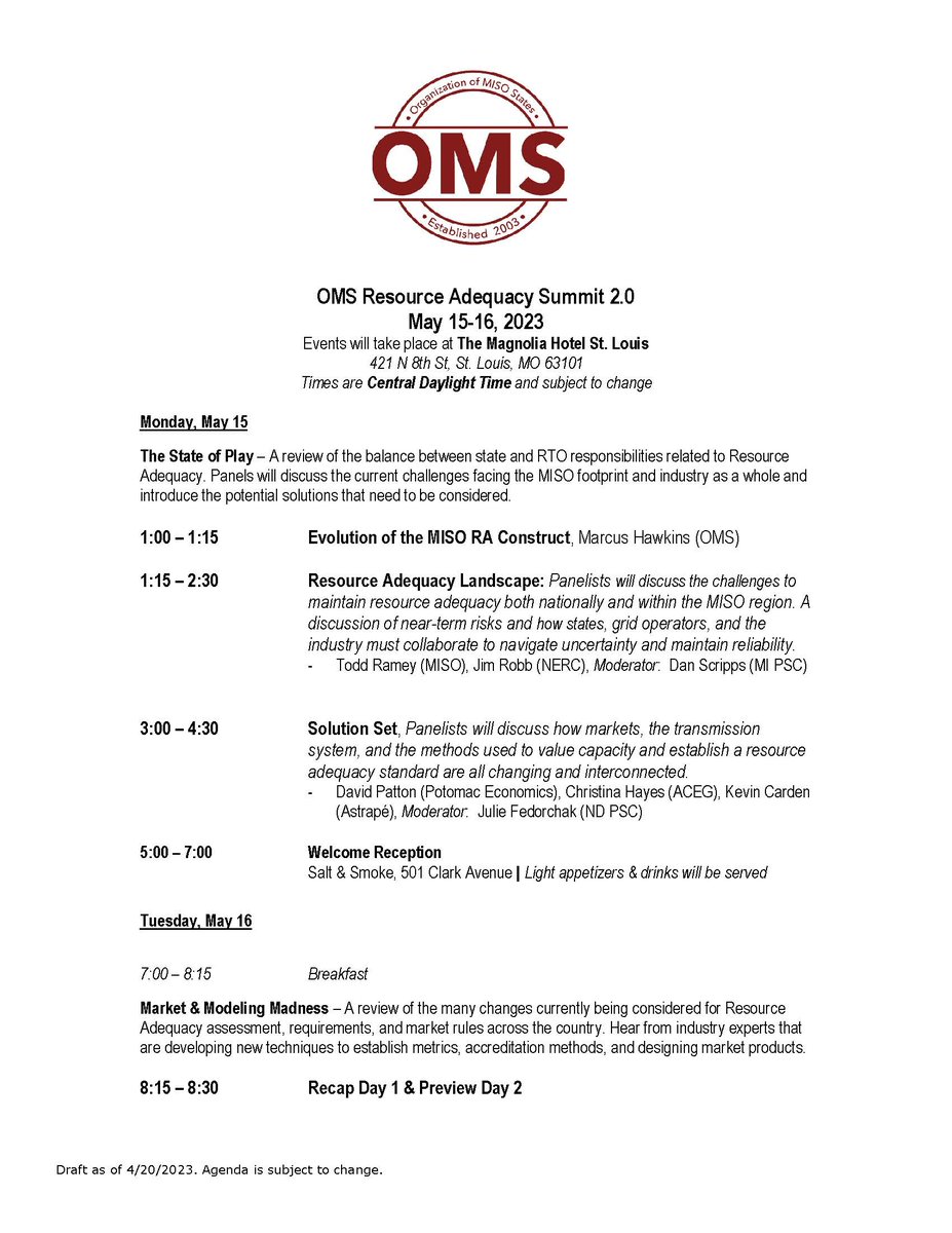 OrgOfMISOStates's tweet photo. We are 3 weeks away from the OMS Resource Adequacy Summit 2.0! Registration is still available and will close next Friday, May 5th. Make sure you secure your spot to discuss one the industry's most important topics.

https://t.co/jD7si0Z27R https://t.co/2T2utnKOa6