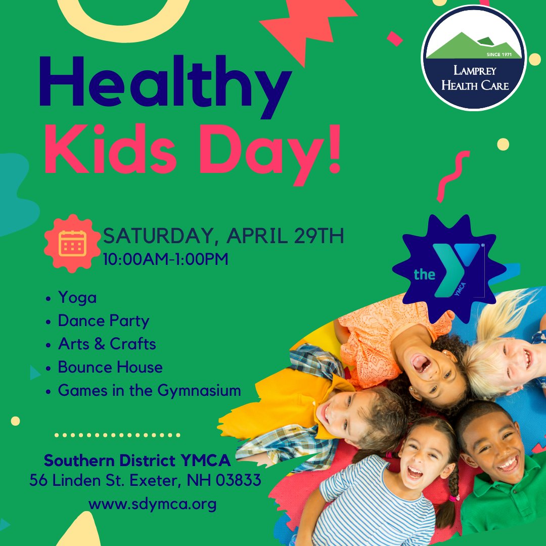 LampreyHealth's tweet photo. Join us at  the Exter YMCA's Healthy Kids Day on Saturday, April 29th, from 10 am to 1 pm! There will be lots of fun, games, and healthy snacks!  Lamprey Health Care will be there too, so make sure to stop by our table! 

For more information visit: https://t.co/C0tELgDwgZ https://t.co/MPwOVw8jd3
