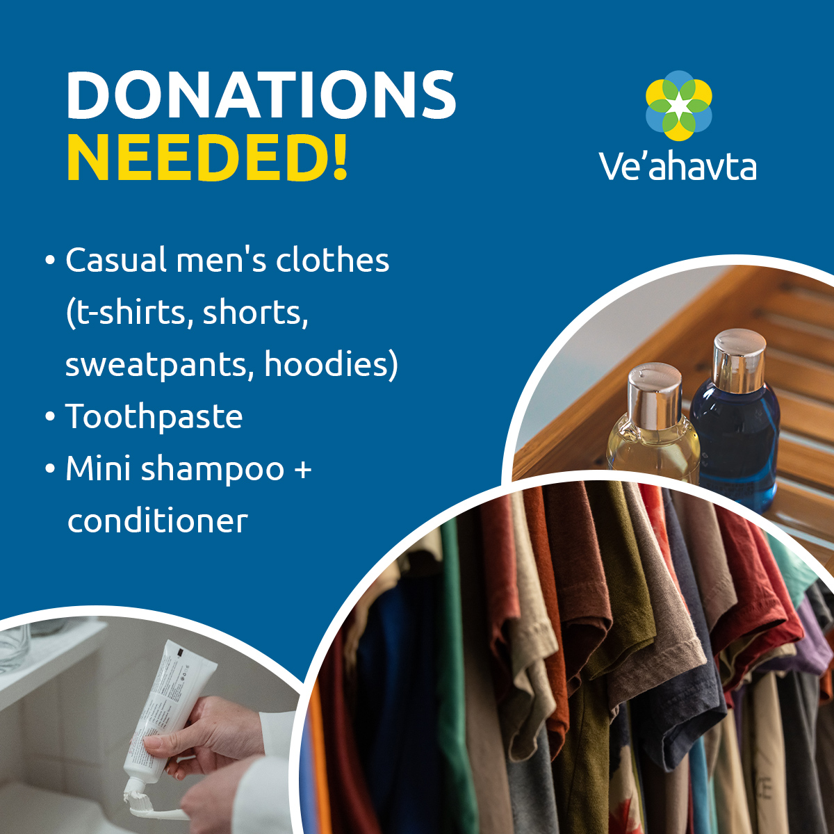 We have an urgent need for the following items for our clients:

✔️ men's clothing (t-shirts, shorts, sweatpants &amp; hoodies 🩳)
✔️ hygiene products (toothpaste, mini-shampoo + conditioner 🧼)

Drop-offs can be made to: 
4100 Chesswood Dr. Unit 1 on Mon-Fri from 9-5. 

Thank you!