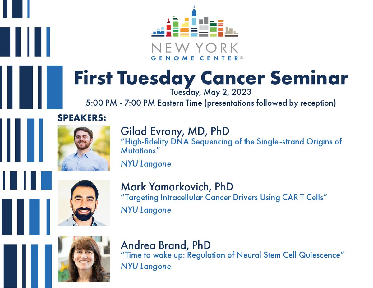 NY Genome Center (@nygenome) on Twitter photo We’ve got a great lineup for <a href="/nygenome/">NY Genome Center</a>’s “First Tuesday” Cancer Seminar! Hear from <a href="/nyulangone/">NYU Langone Health</a>'s Giland Evrony (<a href="/giladevrony/">Gilad Evrony</a>), PhD, Mark Yamarkovich (<a href="/yarmo111/">Mark Yarmarkovich</a>), PhD & Andrea Brand (<a href="/andreabrandlab/">Andrea Brand</a>), PhD this Tuesday @ 5PM.
For more info & registration: bit.ly/40MVSpx We’ve got a great lineup for <a href="/nygenome/">NY Genome Center</a>’s “First Tuesday” Cancer Seminar! Hear from <a href="/nyulangone/">NYU Langone Health</a>'s Giland Evrony (<a href="/giladevrony/">Gilad Evrony</a>), PhD, Mark Yamarkovich (<a href="/yarmo111/">Mark Yarmarkovich</a>), PhD & Andrea Brand (<a href="/andreabrandlab/">Andrea Brand</a>), PhD this Tuesday @ 5PM.
For more info & registration: bit.ly/40MVSpx
