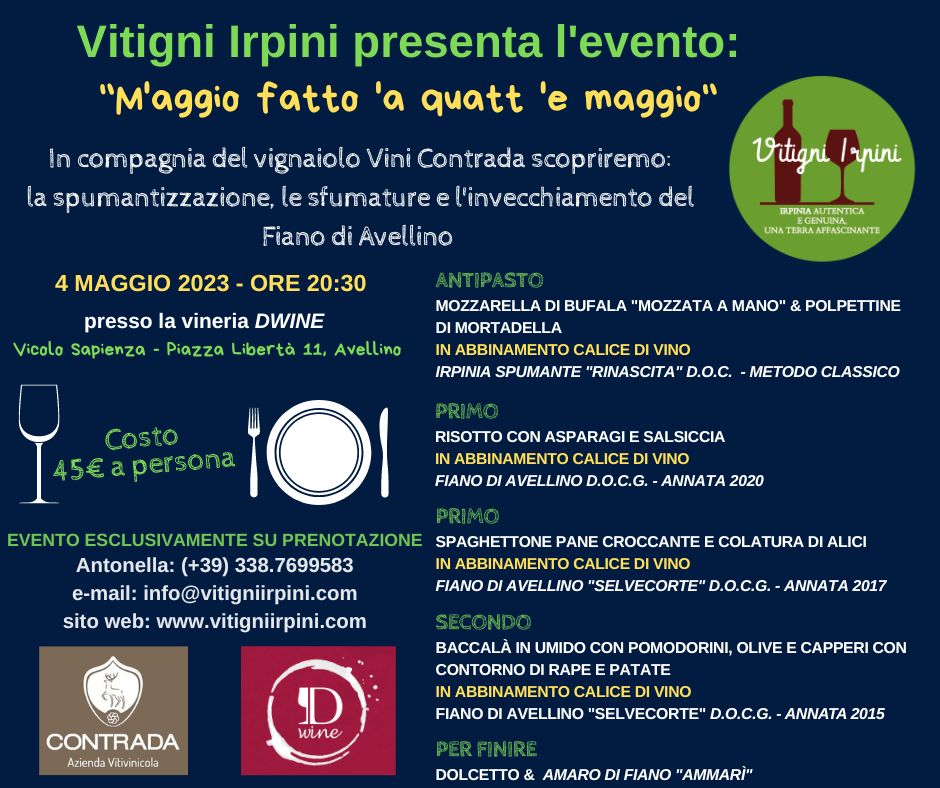 Vitigni Irpini è lieta di presentare l'evento "M'aggio fatt 'a quatt 'e maggio" con la cucina della vineria Dwine Avellino e i vini del produttore Vini Contrada

Vi aspettiamo, evento esclusivamente su prenotazione 
#vitigniirpini #eventi #evento #wine #wines #winelover #irpinia