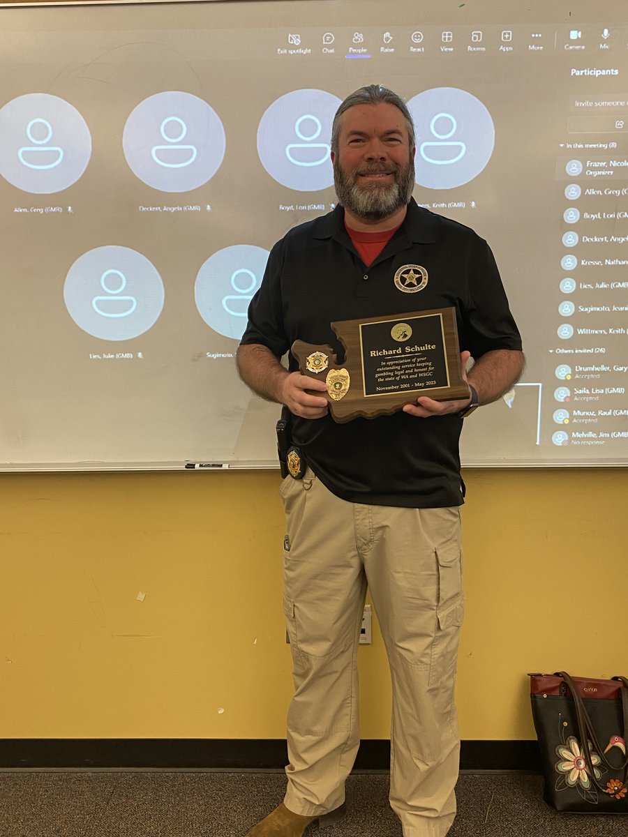 WAGambling's tweet photo. Today we want to wish Special Agent Richard Schulte a very happy retirement. After 21.5 years Rick is hanging it up & will enjoy retirement in a new warmer climate. We will miss your knowledge, kindness, & humor. We wish you the best in your retirement.
#WSGC #Wearehiring https://t.co/Nk0TAKwPwk