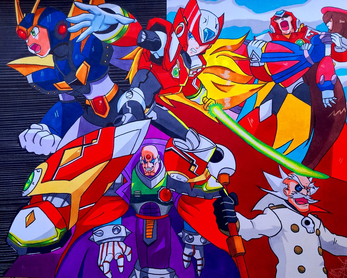 Alejandrovxiii's tweet photo. Dibujo del día:Póster de #MegamanX con #Zero como personaje principal. El personaje central fue inspirado en un fanart hecho por @MaverickVortex .Dibujo hecho a mano con técnica de marcadores a base de alcohol y lápices de colores. #DrawHandmade #Draw #Handmade #Rockman #Megaman https://t.co/m9OtGr4jot