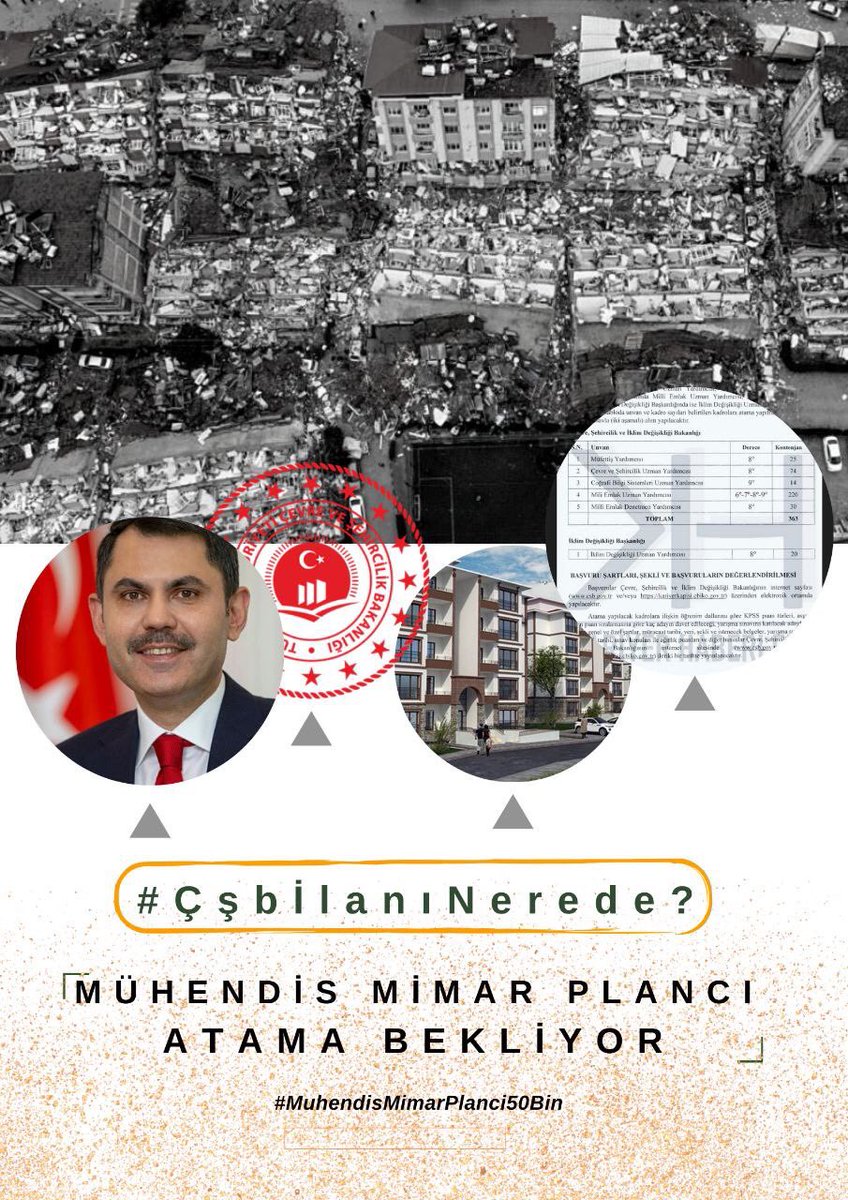 KPSS'de çok yüksek puanlarla binlerce mühendis, mimar, şehir plancısı atanamıyorken Çevre ve Şehircilik Bakanlığı depremden sonra daha da önemli hale gelen teknik personel ihtiyacını torpille mi karşılıyor? <a href="/murat_kurum/">Murat KURUM</a> <a href="/zekigulbb/">Zeki Gül</a> <a href="/akifkucukdag/">M. Akif KÜÇÜKDAĞ</a> <a href="/csbgovtr/">T.C. Çevre, Şehircilik ve İklim Dğş. Bakanlığı</a> #ÇşbİlanıNerede