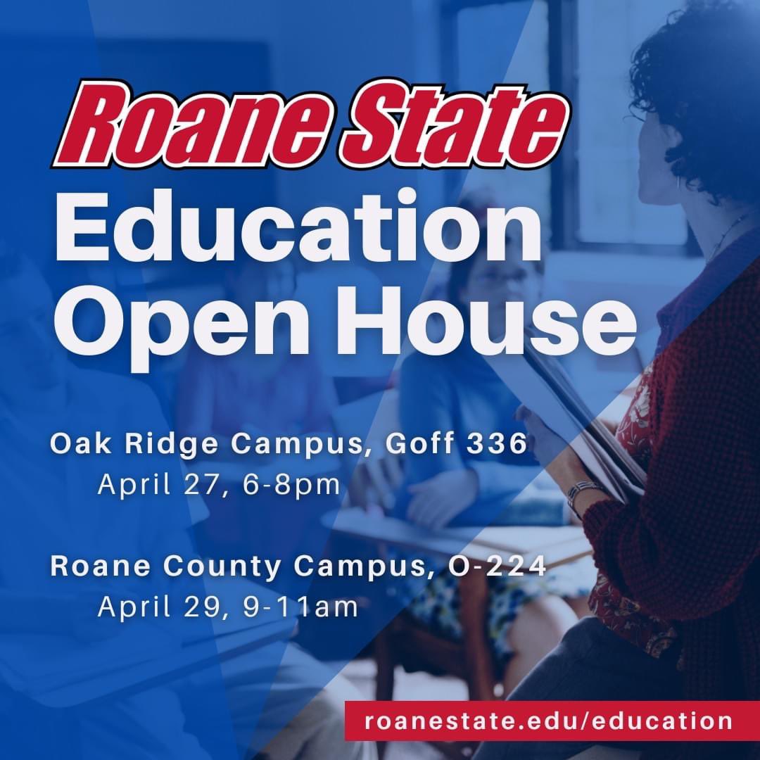 RoaneState_EDUC's tweet photo. Our last @roanestate EDU Open House event is scheduled for tomorrow morning on our Roane County campus, O-224, from 9-11am EST. Our TTU 2+2 advisor will also be on campus. So, come learn all about our education program and enjoy some snacks! #raccEDUnews #futureteachersofrscc https://t.co/ZBl8EFo1vT