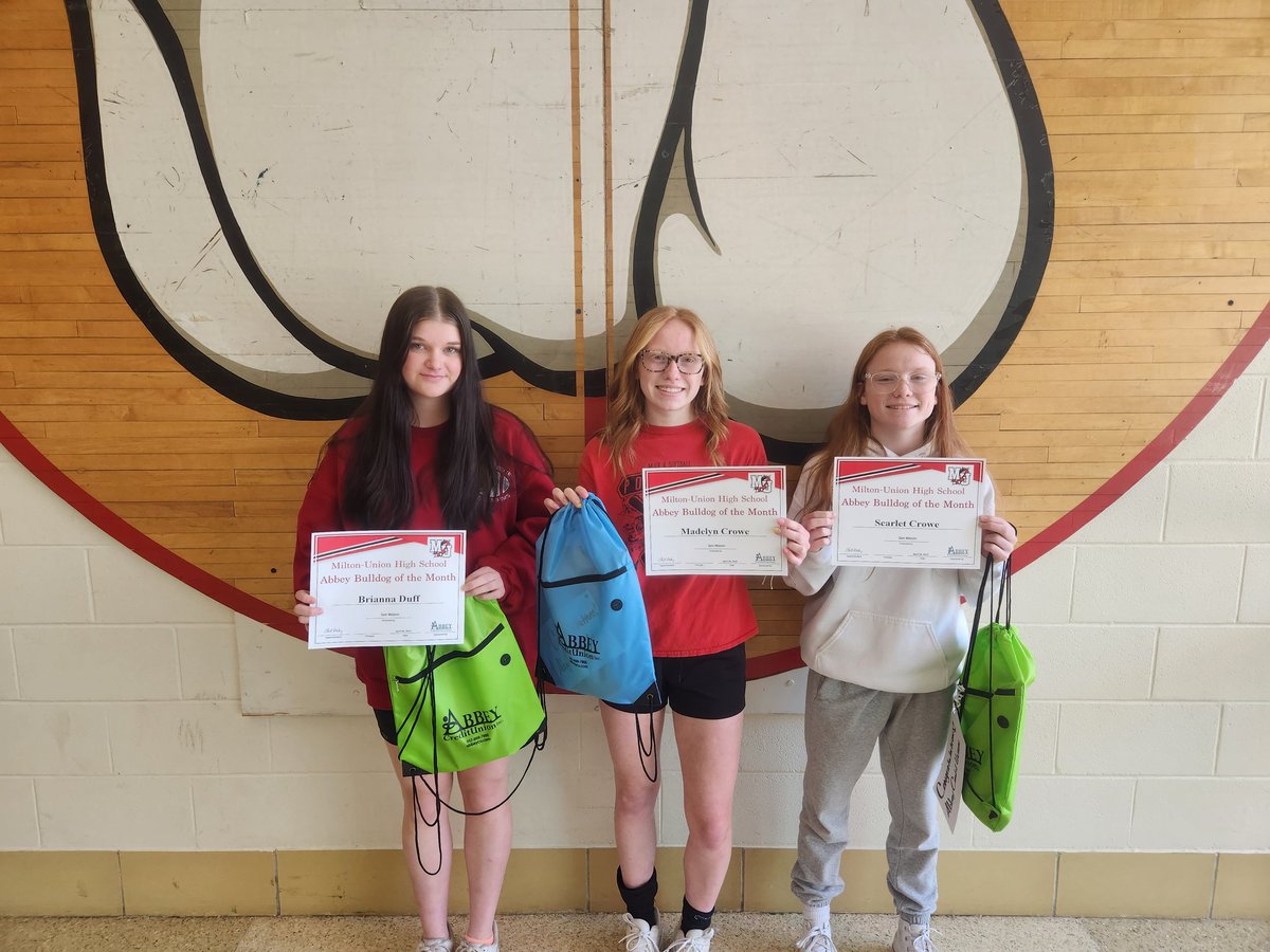 Milton_Union_HS's tweet photo. Congratulations to the @AbbeyCU Bulldogs of the Month for March/April! Bri Duff,  Madelyn Crowe, Scarlet Crowe, and Luke Daum (not pictured). 👏👏👏
#CreatingAwesome
#BulldogPride https://t.co/o6n5JwRM6b