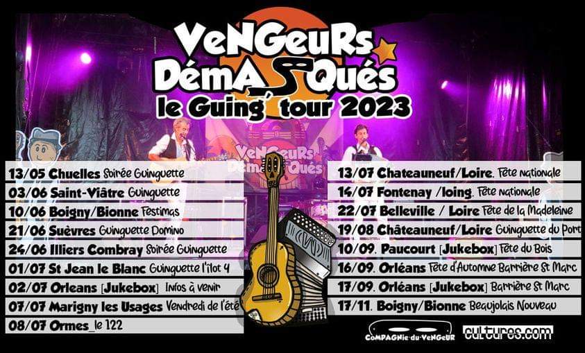 Vengeurdemasque's tweet photo. Le Guing' tour 2023 des Vengeurs Démasqués c'est pour tout bientôt ! 🤪 #musique #accordeon #tournée https://t.co/09pht1Y1b8