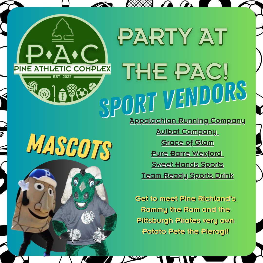 pinecommcenter's tweet image. Come out and visit with Potato Pete, Rammy the Ram, and our various sports vendors May 13th, 12:00pm - 3:00pm! 

#PartyAtThePAC #Rammy #PotatoPete #Pierogi #PineCommunityCenter #PineTownship