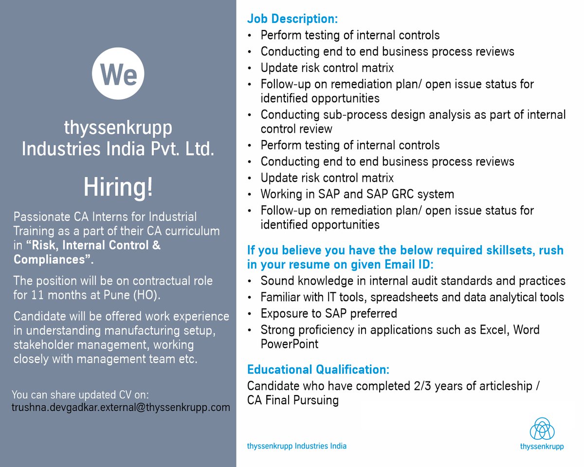 We are Hiring!

#wearehiring  #hiring #CA #charteredaccountants #cainter #Internship #Risk #internalcontrols #compliances #articleship #industrialtraining