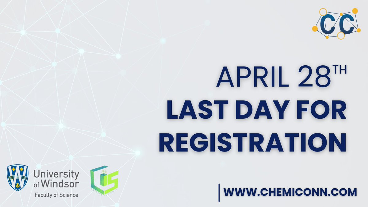 ChemiConn (@chemiconn) on Twitter photo It's the LAST DAY to register for ChemiConn 2023!
<a href="/ChemUWindsor/">UWindsor Chemistry</a> @ScienceUWindsor <a href="/USciWindsor/">USci Network</a>
Graduate students, post-docs, faculty, and fourth-year thesis students... register today! chemiconn.com/registration2
OUR PROGRAM IS NOW LIVE! Check it out HERE: chemiconn.com/program It's the LAST DAY to register for ChemiConn 2023!
<a href="/ChemUWindsor/">UWindsor Chemistry</a> @ScienceUWindsor <a href="/USciWindsor/">USci Network</a>
Graduate students, post-docs, faculty, and fourth-year thesis students... register today! chemiconn.com/registration2
OUR PROGRAM IS NOW LIVE! Check it out HERE: chemiconn.com/program