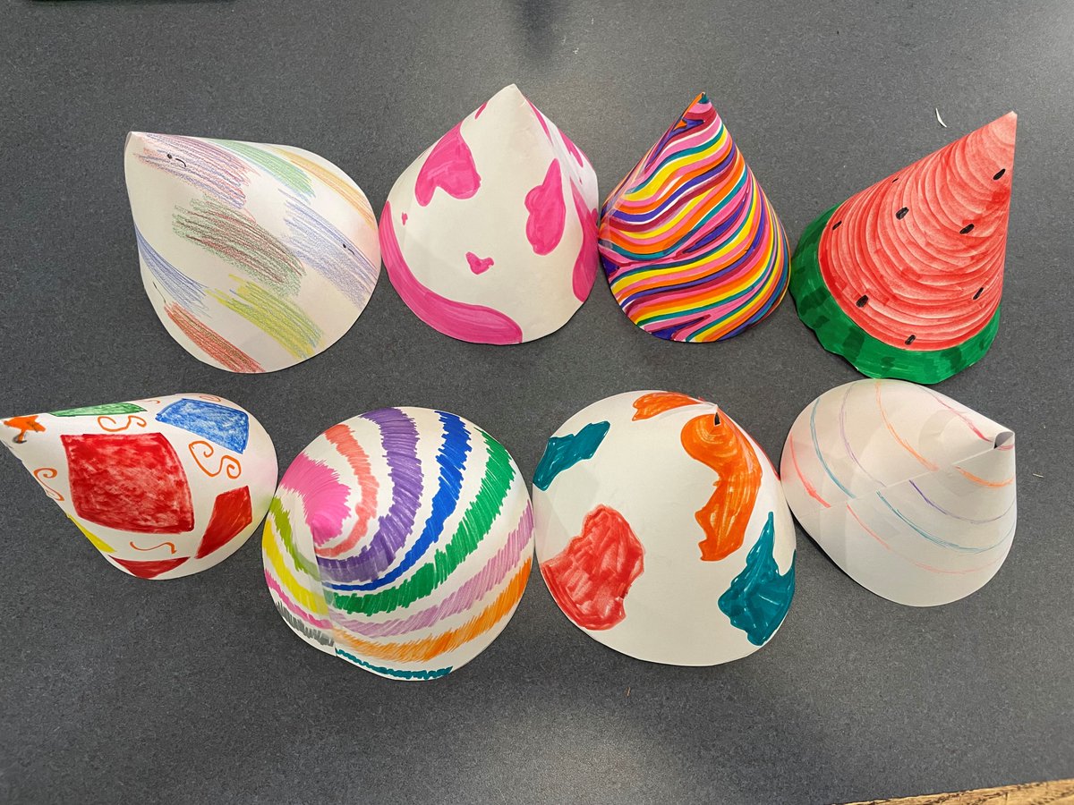 EmilyAmberman's tweet photo. KD Media Center--Mr. Meinl's students created party hats (cones) as part of a geometry lesson about circles. https://t.co/jeRM4TxKNe