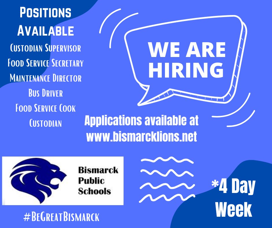 We are looking to hire more GREAT people for the 2023/2024 school year! Please see our website bismarcklions.net for more information on the following openings:
Maintenance Director, Custodial Supervisor, Food Service Manager, &amp; Bus Driver.
Be part of our Lion Pride!