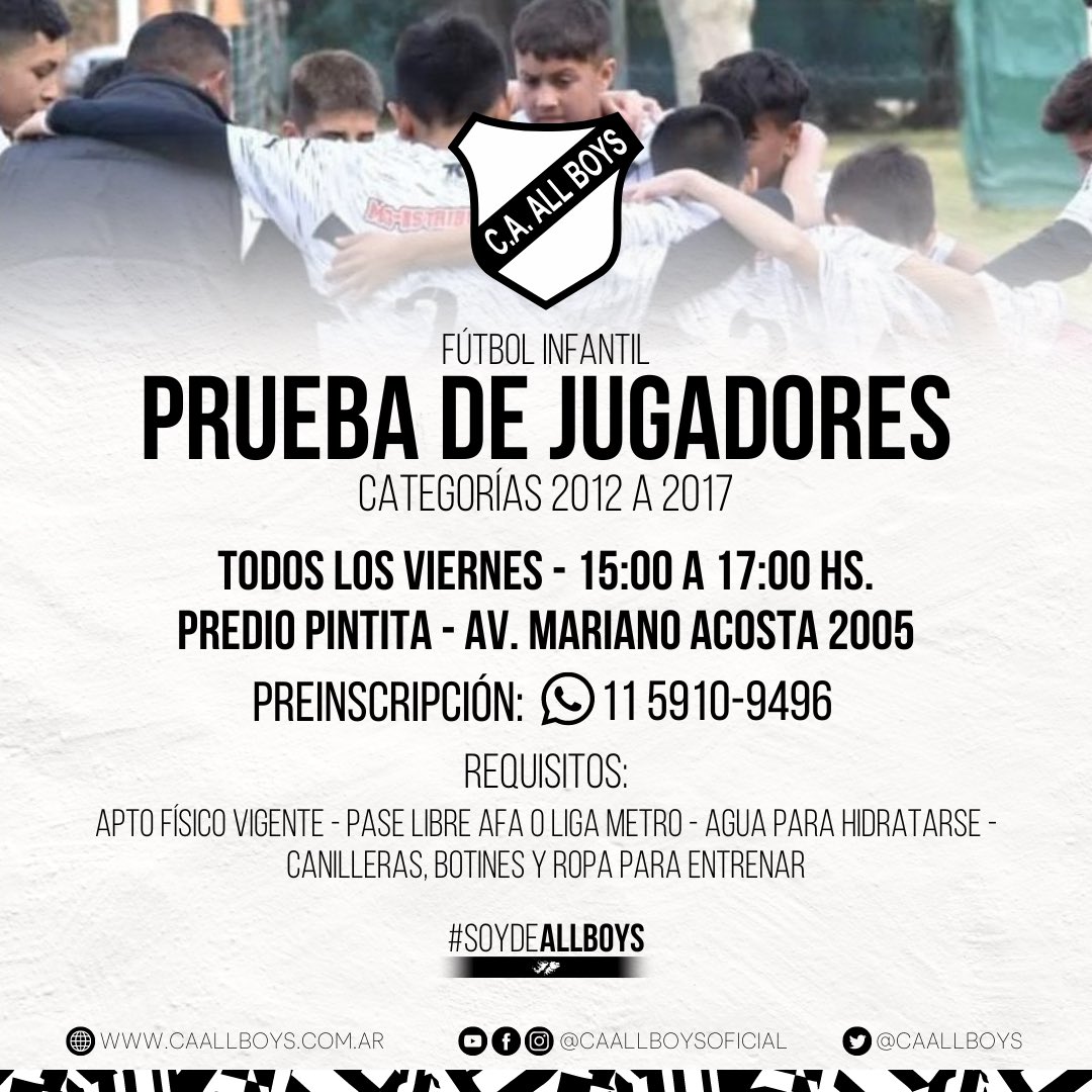 caallboys's tweet photo. Prueba de infantiles ⚽️

👉🏼 Categorías 2012, 2013, 2014, 2015, 2016, 2017.

🗓️ Todos los viernes de 15 a 17 hs. en el predio Pintita, en Av. Mariano Acosta 2005, CABA.

📱 Preinscribite enviando un WhatsApp al 11-5910-9496

🤍🖤 #SoyDeAllBoys 🖤🤍 https://t.co/bT0qtefkRy