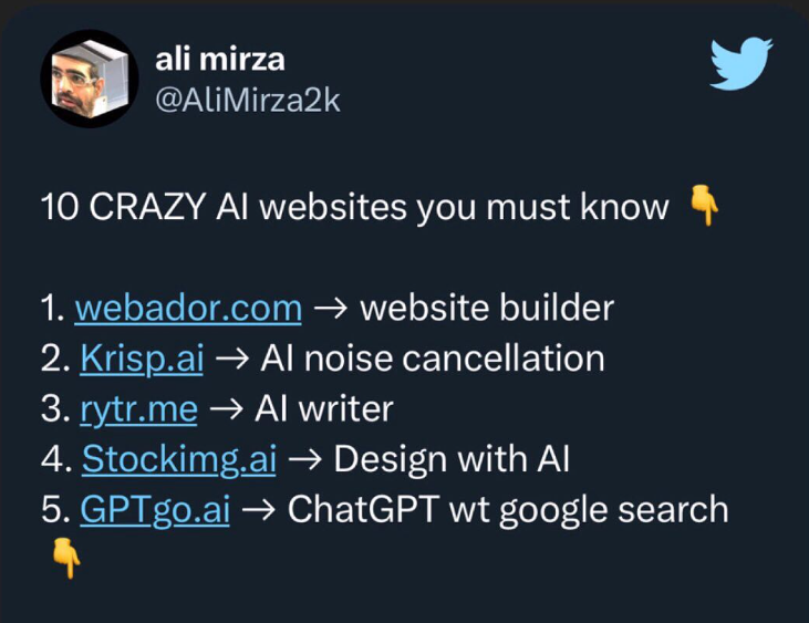ravdotai's tweet photo. 10 crazy AI tool you need to know 🤫
Follow ➡️ @isocialyou @AliMirza2k @krisp @stockimgAI 
.
.
.
.
.
#ai #aitools #aitoolsforbusiness #aiwebsites 
#XboxFreeCodeFriday #ArborDay #FursuitFriday #fridaymorning #NationalSuperheroDay #NewMusicFriday https://t.co/nRbapBhXL4