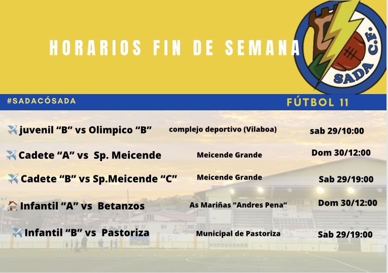 Fútbol 11| Horarios
PARTIDOS OFCIAIS PARA ESTA FIN DE SEMANA ‼️⚽️