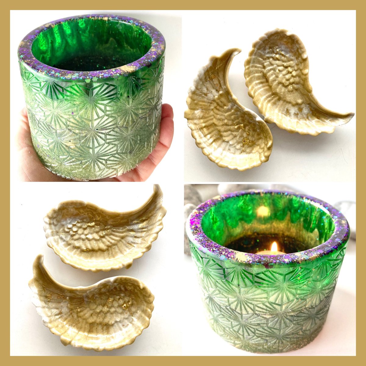 Two brand NEW items in the shop, a stunning resin emerald pot &amp; a pair of gold resin Angel wing dishes, great gifts for any occasion: etsy.me/3e14vIm #womaninbizhour #craftbizparty #onlinecraft #MHHSBD
