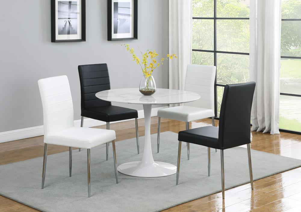 This classic faux marble dining set creates a sense of comfort to your home. #mixandmatch

Item # 193051, 120767BLK, 120767WHT

Use the store locator to find a Coaster dealer near you. ✨ bit.ly/41eqHEI