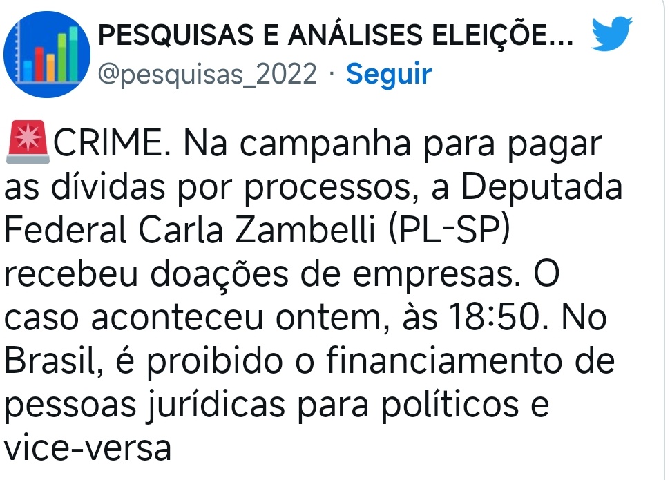 rede_marco's tweet photo. C@rla Zamzam vai plantando, vai plantando e uma hora encontra o xilindró

Crime de responsabilidade:
O perfil Pesquisas e Análises Eleições 2022,  está denunciando crime em vaquinha da parlamentar, para pagar condenações judiciais

Apontou que uma empresa teria contribuído para a arrecadação, o que seria crime: “é proibido o financiamento de pessoas jurídicas para políticos e vice-versa”

Lembrando o caso: A deputada federal bolsonarista compartilhou sua chave Pix e solicitou doações financeiras de seus seguidores para ajudar a pagar suas despesas judiciais

Mais cara de pau e ralé, impossível. Essa gente veio do esgoto
