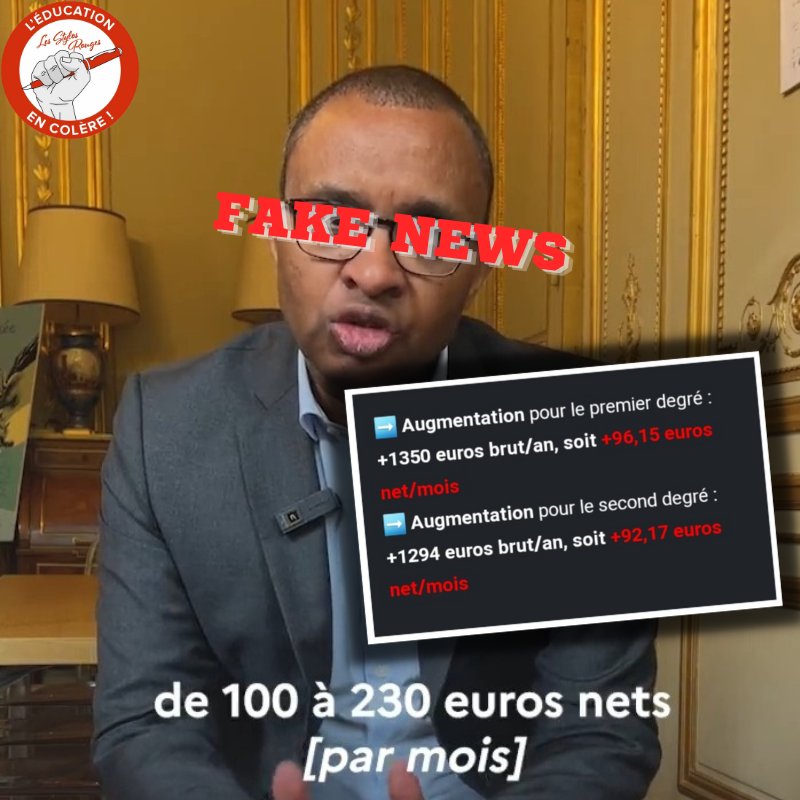 stylos_les's tweet photo. @PapNdiaye ⚠️ Tweet signalé pour FAKE NEWS❌

➡️ Pour de nombreux collègues, l'augmentation n'atteindra pas 100€ nets : 92,17€ dans le secondaire, 96,15 dans le primaire. https://t.co/be7vfvHoTF