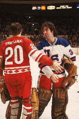 Vladislav Tretiak and Jim Craig shake hands in their last pre-olympic tuneup. The Soviet Union defeated USA 10-3...nobody knew what was to come about two weeks later. Nobody.