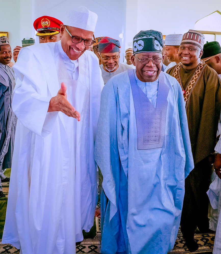 NigeriaGov's tweet photo. President-elect, Asiwaju Bola Ahmed Tinubu, joined President Muhammadu Buhari to offer Friday prayers at the State House Mosque, Aso Rock Villa, Abuja. https://t.co/laIV6SmFOe