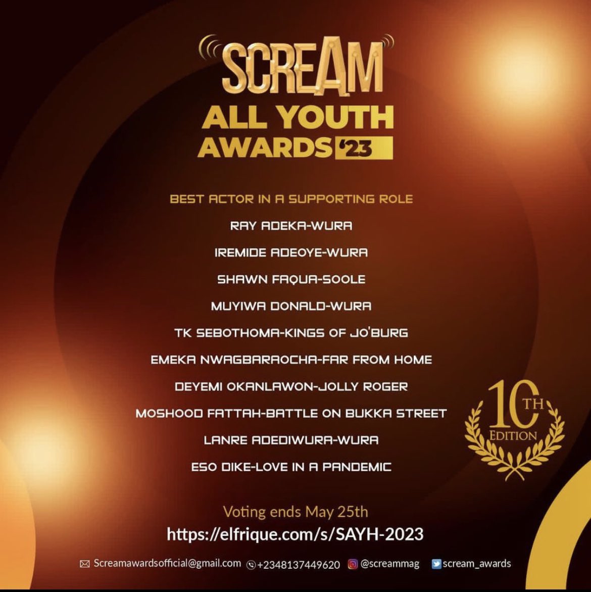 Ayo, your boy got nominated for best actor on a supporting at the <a href="/Scream_Awards/">Scream Awards 10th Edition</a> 

Please vote for me? Voting link on the post 🙏🏾🙌🏾