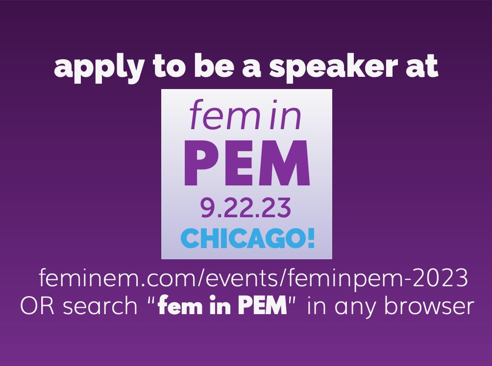 FemInEM (@feminemtweets) on Twitter photo 🗣️🔊👏
FeminPEM is looking for dynamic, enthusiastic, passionate people to share their personal stories. YES, YOU have a great story to share!!!
Apply to be a speaker at #FeminPEM2023
✨Deadline has been extended to MAY 15 🌟
Questions?? Email feminpem@cchmc.org 🗣️🔊👏
FeminPEM is looking for dynamic, enthusiastic, passionate people to share their personal stories. YES, YOU have a great story to share!!!
Apply to be a speaker at #FeminPEM2023
✨Deadline has been extended to MAY 15 🌟
Questions?? Email feminpem@cchmc.org