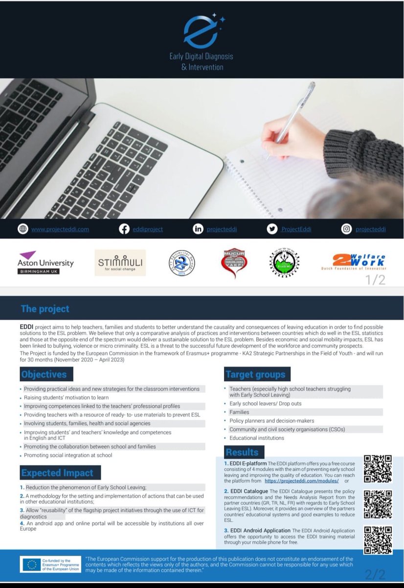 📣📣📣 We are happy to publish the 2nd brochure of the #EDDI project‼️
📌 You can find the brochure and more by visiting our website👇👇👇

projecteddi.com/en/brochures/

#ProjectEddi #ESL #Intervention #Prevention #ErasmusPLus 
<a href="/DFOIW2W/">Dutch Foundation W2W</a> 
<a href="/21st_CEA/">21.YY Eğitimciler Derneği</a> 
<a href="/Stimmuli/">Timm</a> 
<a href="/MucurV/">Mucur Sağlık Sosyal Eğitim ve Yardımlaşma Vakfı</a>
