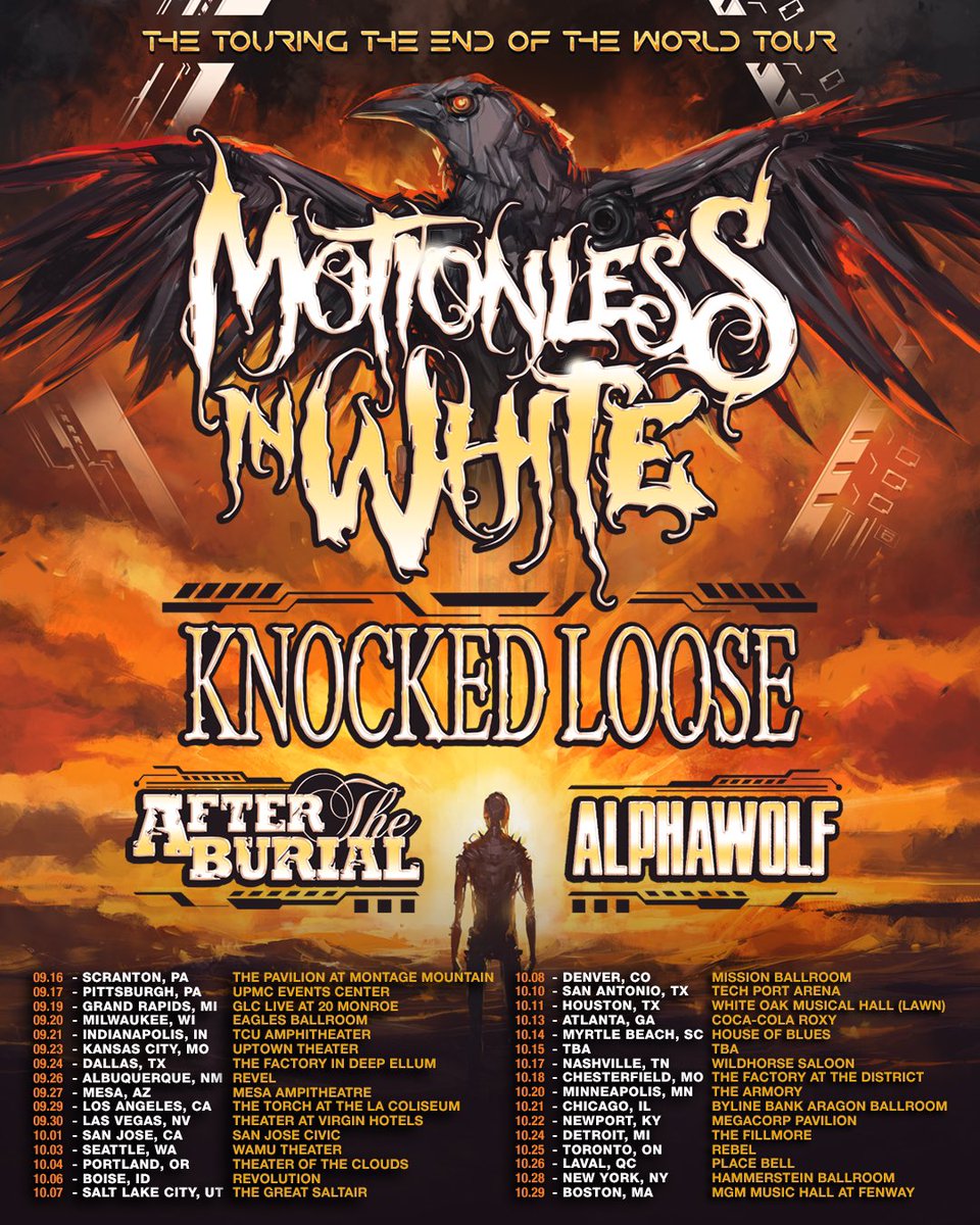 ChrisMotionless's tweet photo. All tickets for Touring The End Of The World, The Scranton Apocalypse Fest, and The Dark Horizon tours are now on sale! Pre-sale numbers were insane! Thank you for blowin these up! https://t.co/gNrPHXk9Eq https://t.co/3DqkPHv1xB