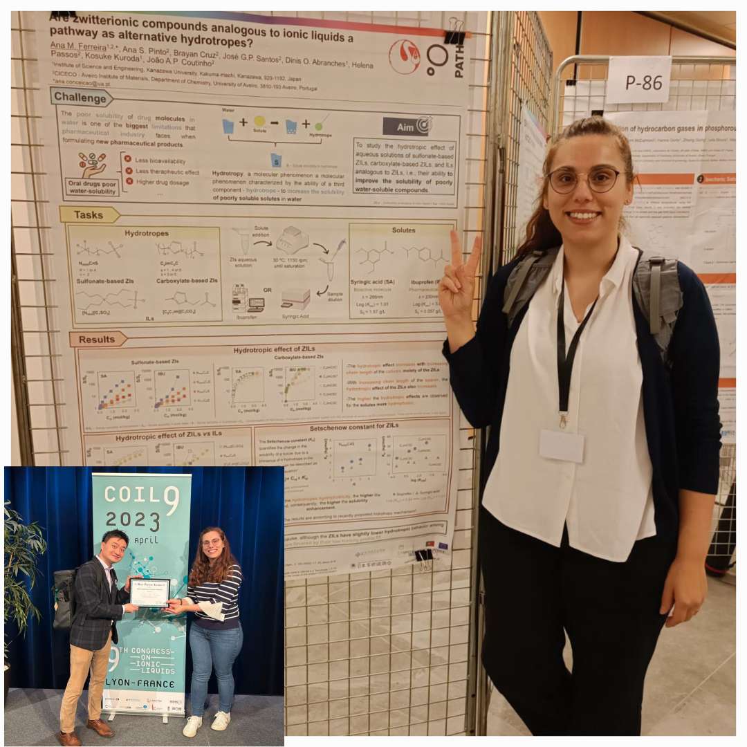 AnaMFerreira8's tweet photo. Just presented 2 posters on latest research in #ionicliquids and #zwitterions at #coil9 in Lyon. Thrilled to announce that our collaboration with @KanazawaUniv won best poster award!

@UnivAveiro @ciceco_ua @PATh_RG

#sustainability #hydrotopes #recycling https://t.co/pFBgBbH2vy