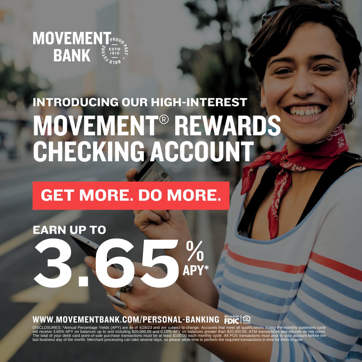 MovementBank's tweet image. We are pleased to introduce our Movement® Rewards Checking account! Enjoy a competitive interest rate, no minimum balance, and no NSF fees. Switch now at ow.ly/encG50O1CW8 or visit a branch near you. 

#RewardsChecking #HighInterestChecking #Checking #Savings #MovementBank