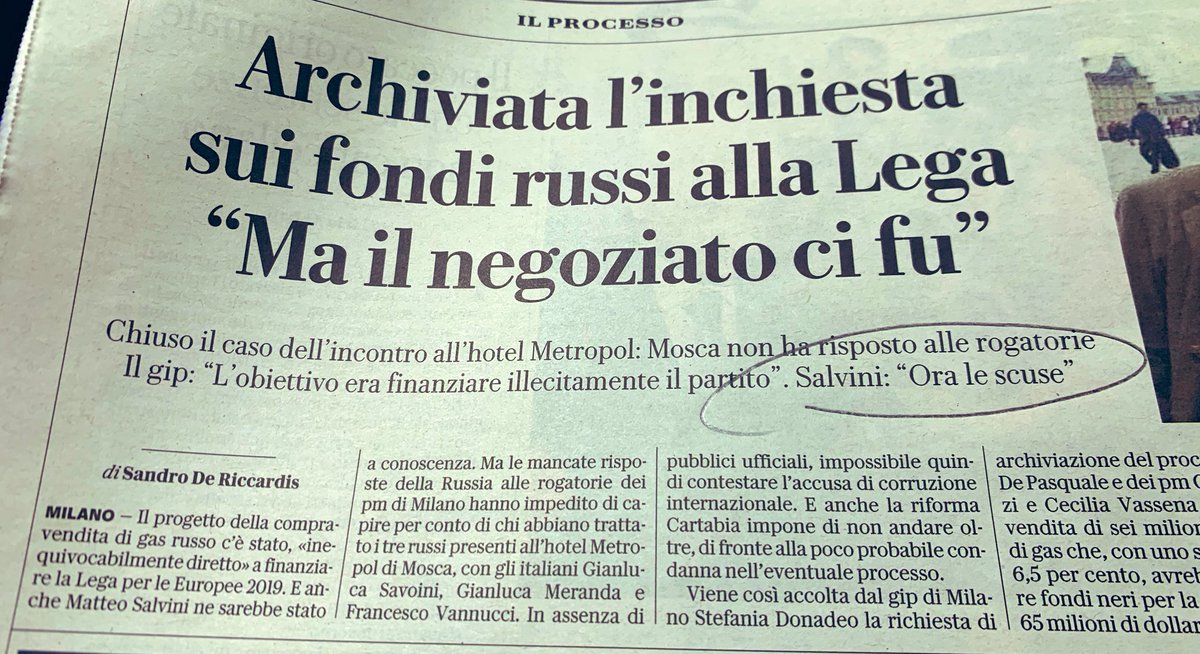 Fantastico. Ovviamente archiviato perché i suoi amichetti putiniani russi non hanno risposto a rogatorie, malgrado incontro al Metropol per piatire tangenti energetiche alla Lega ci sia stato eccome, e Salvini pretende pure le scuse. Che faccia di bronzo. Poi chiediamoci perché