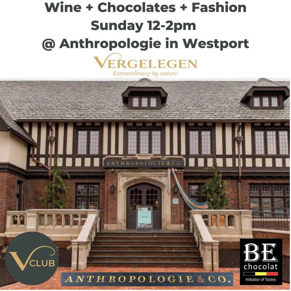 VClubwine's tweet photo. Please join VClub &amp; BE Chocolat @Anthropologie in Westport this Sunday April 30th for a magnificent pairing of the very best South African wines and smoothest Belgian Chocolates. BE Chocolat #vclub #anthropologie #bechocolat #fashion #southafricanwine #vergelegen https://t.co/9Zybp0O1jl