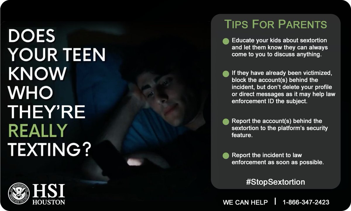 HSIHouston's tweet photo. Parents: Don’t wait until it’s too late to talk to your kids. Educate them on the dangers of sharing explicit photos or videos with others and make sure they know they can always come to you no matter how embarrassing the subject may be. #StopSextortion https://t.co/lqR2IYG8P6