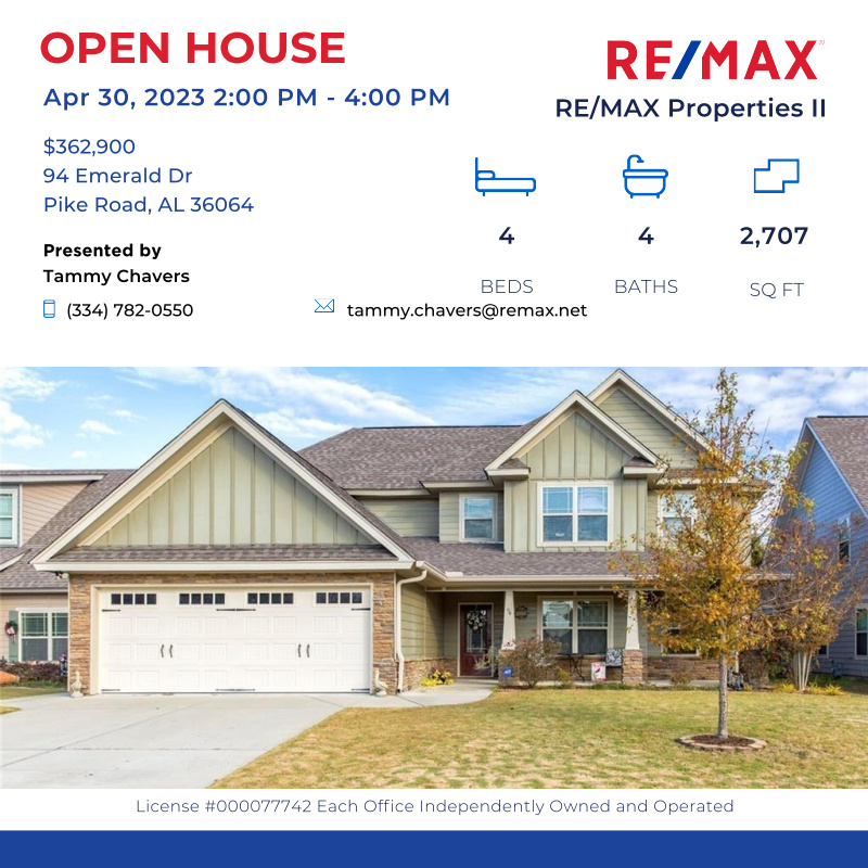 STONE PARK BEAUTY in PIKE ROAD SCHOOL DISTRICT! BRAND NEW EXTERIOR PAINT! Tons of extras including 4 bedrooms, 3 and 1/2 baths, formal dinin...

Click here for details:
remax.com/AL/PIKE-ROAD/h…
