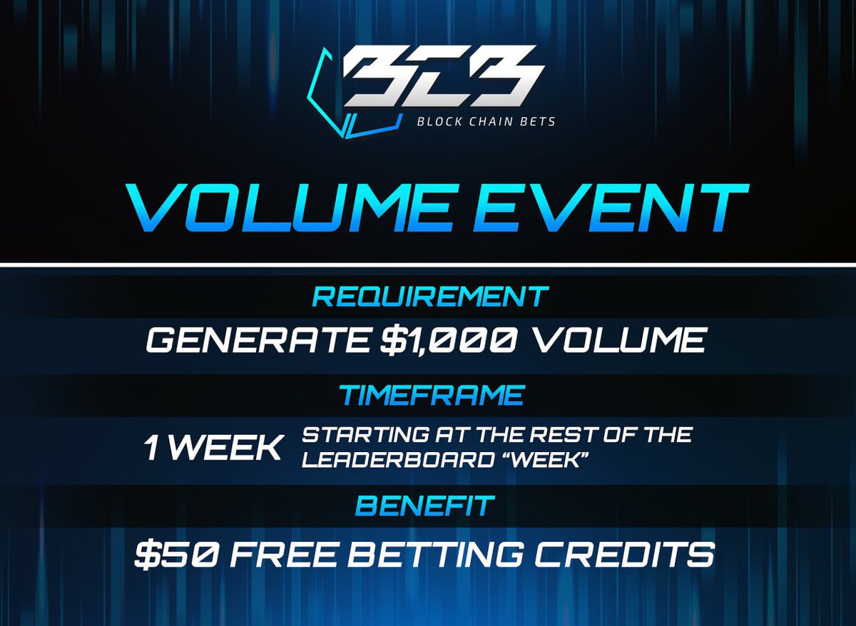 BCBerc20's tweet photo. $BCB Volume Event:
Requirement:
Generate 1000$ volume
Timeframe:
1 Week - Starting at the reset of the leaderboard "Week."
Benefit:
$50 free betting credits https://t.co/h6OG56N0vq