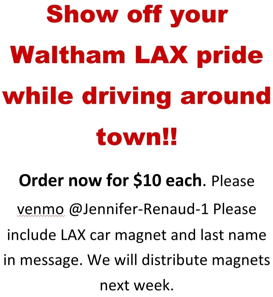 WhsFriendsof's tweet photo. New Waltham Lax Car Magnets - $10 each.  We will also have them at Joe Sent Me tomorrow night for our big fundraiser! https://t.co/m6HrMxMq6h